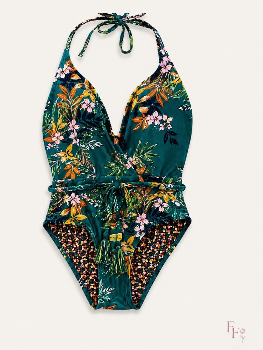 Sea Angel Tropical Floral One Piece Swimsuit Small Halter Tie Waist Swimwear
